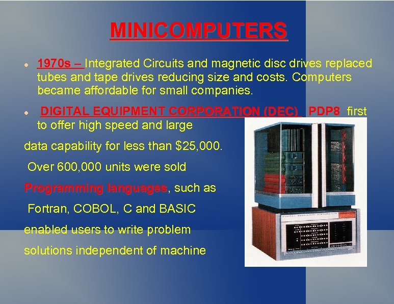 MINICOMPUTERS 1970 s – Integrated Circuits and magnetic disc drives replaced tubes and tape