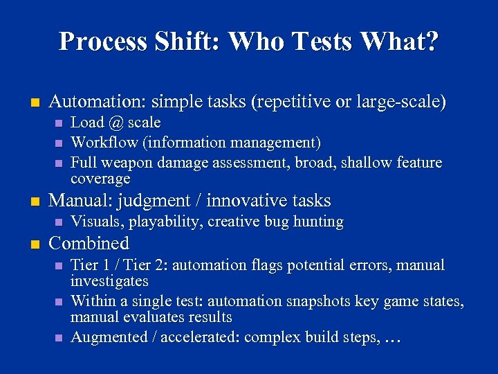 Process Shift: Who Tests What? n Automation: simple tasks (repetitive or large-scale) n n
