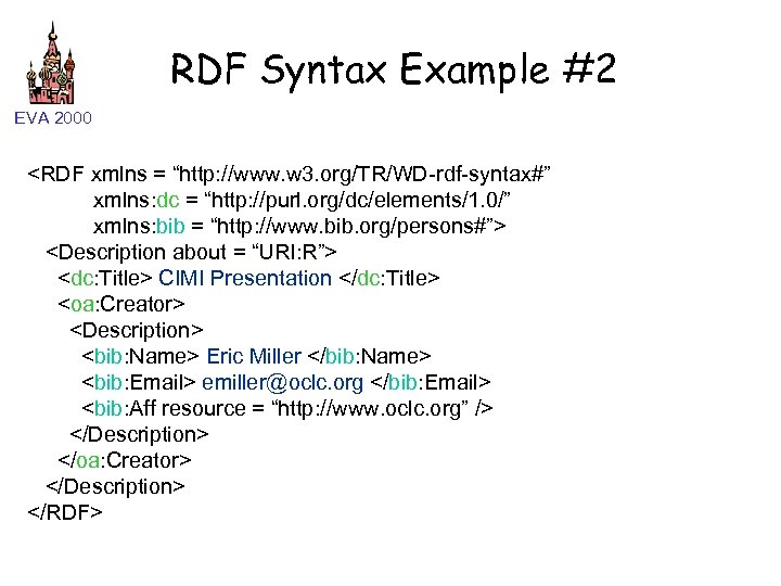 RDF Syntax Example #2 EVA 2000 <RDF xmlns = “http: //www. w 3. org/TR/WD-rdf-syntax#”