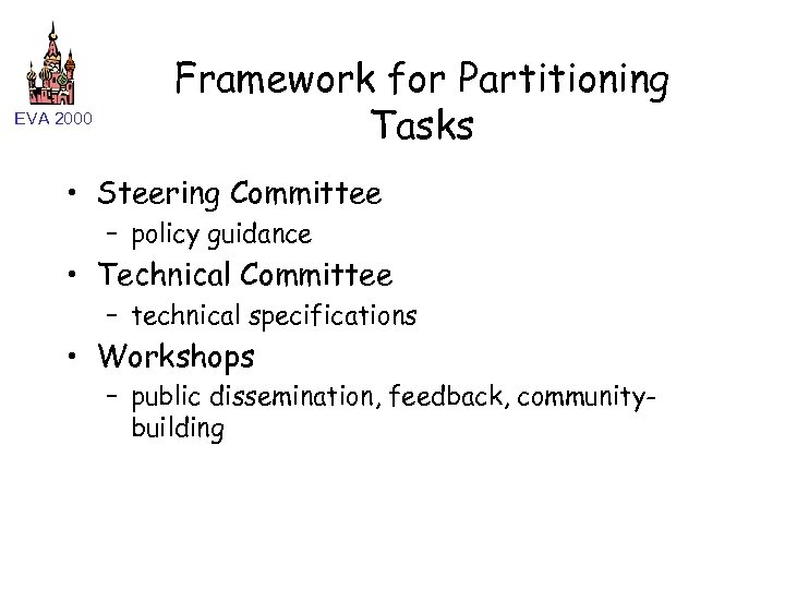 EVA 2000 Framework for Partitioning Tasks • Steering Committee – policy guidance • Technical