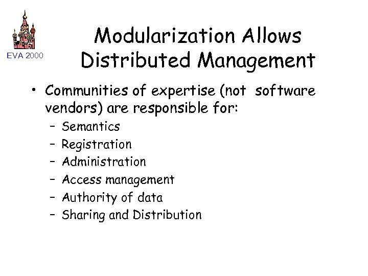 Modularization Allows Distributed Management EVA 2000 • Communities of expertise (not software vendors) are