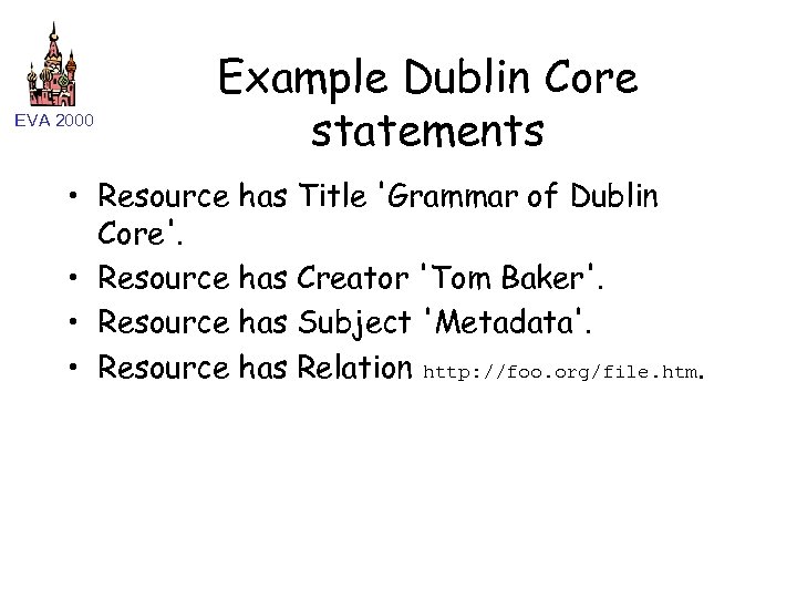 EVA 2000 Example Dublin Core statements • Resource has Title 'Grammar of Dublin Core'.