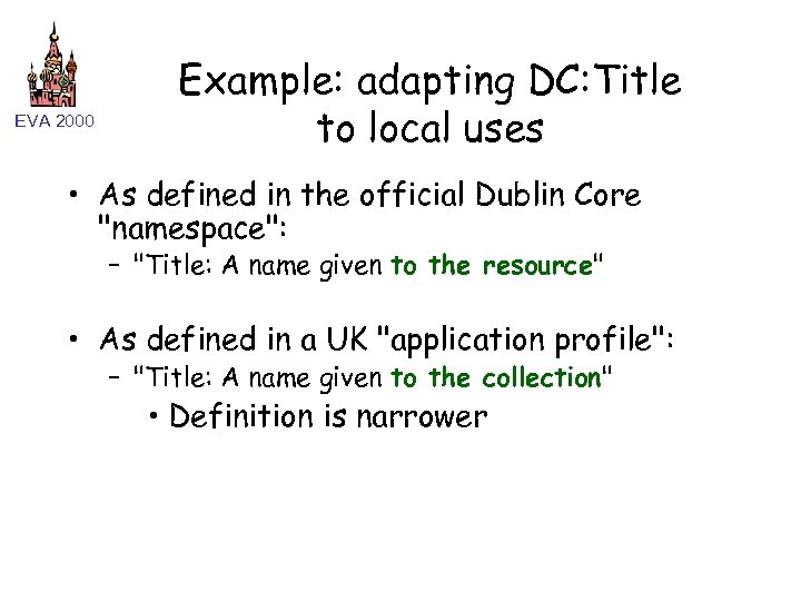 EVA 2000 Example: adapting DC: Title to local uses • As defined in the