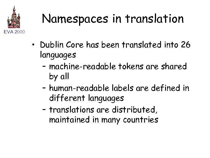 Namespaces in translation EVA 2000 • Dublin Core has been translated into 26 languages