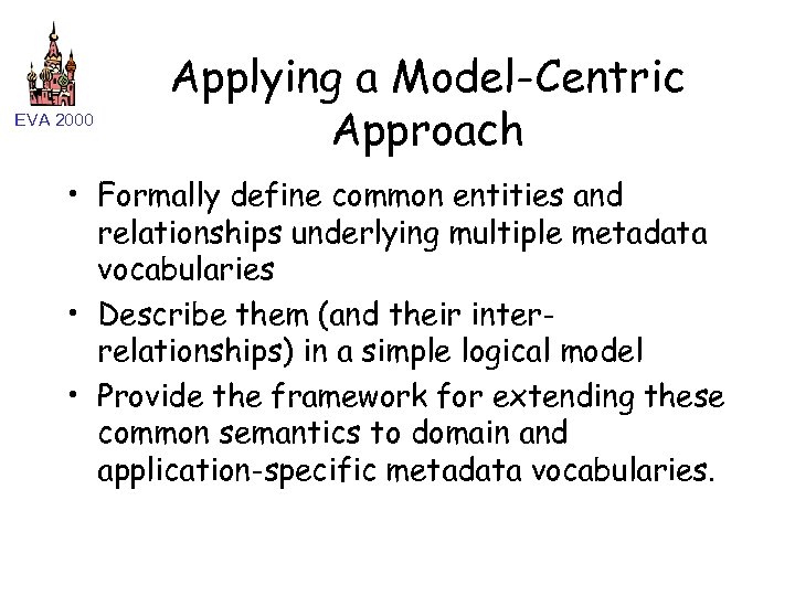 EVA 2000 Applying a Model-Centric Approach • Formally define common entities and relationships underlying