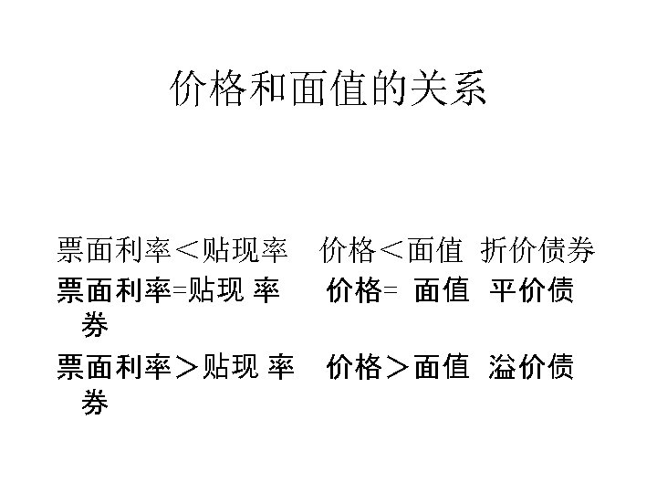 价格和面值的关系 票面利率＜贴现率 价格＜面值 折价债券 票面利率=贴现 率 价格= 面值 平价债 券 票面利率＞贴现 率 价格＞面值 溢价债
