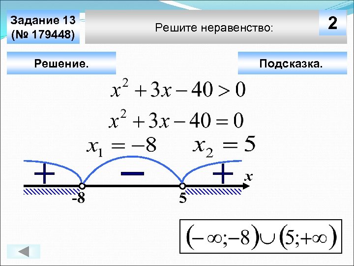 Задание 13 (№ 179448) Решите неравенство: Решение. Подсказка. х -8 5 2 