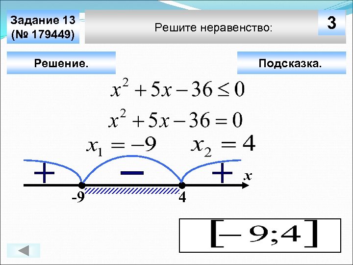 Задание 13 (№ 179449) Решите неравенство: Решение. Подсказка. х -9 4 3 