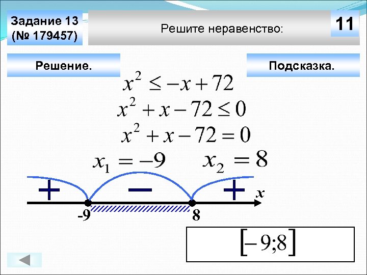 Задание 13 (№ 179457) Решите неравенство: Решение. Подсказка. х -9 11 8 
