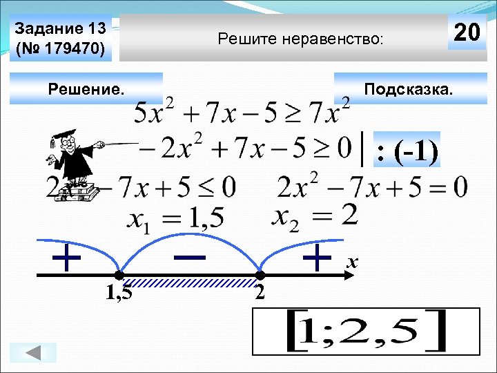 Задание 13 (№ 179470) Решите неравенство: Решение. Подсказка. : (-1) х 1, 5 20