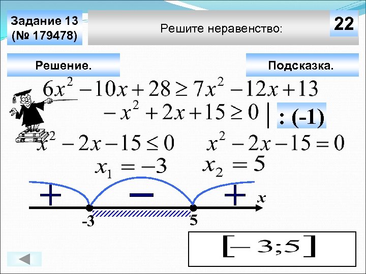 Задание 13 (№ 179478) Решите неравенство: Решение. Подсказка. : (-1) х -3 22 5