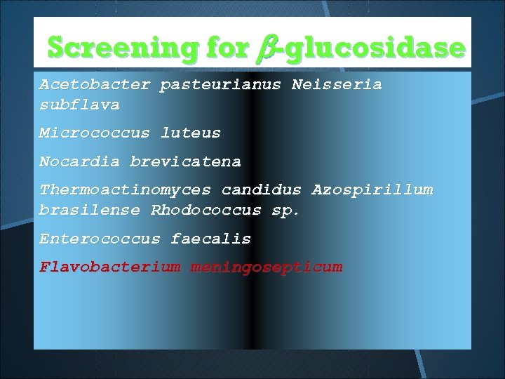 Screening for b-glucosidase Acetobacter pasteurianus Neisseria subflava Micrococcus luteus Nocardia brevicatena Thermoactinomyces candidus Azospirillum