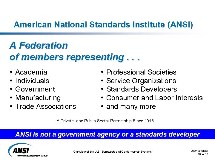 American National Standards Institute (ANSI) A Federation of members representing. . . • •