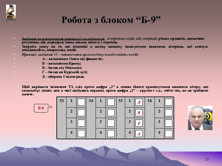 Робота з блоком “Б-9” • • • Завдання на встановлення правильної послідовності історичних подій,