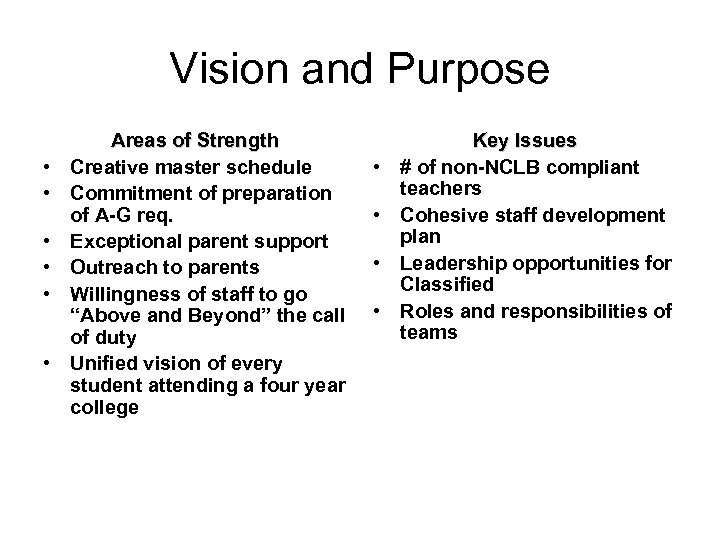 Vision and Purpose • • • Areas of Strength Creative master schedule Commitment of