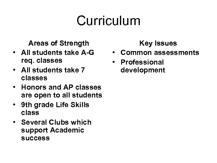 Curriculum • • • Areas of Strength All students take A-G req. classes All