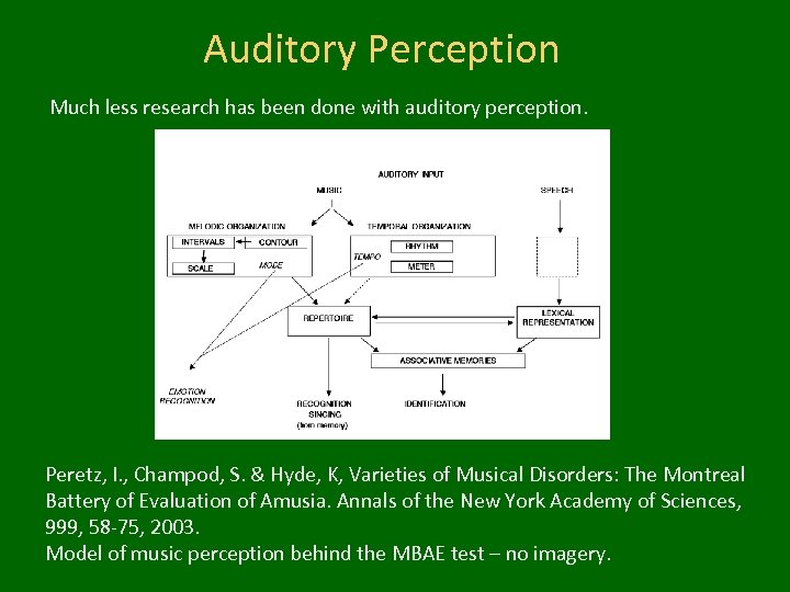 Auditory Perception Much less research has been done with auditory perception. Peretz, I. ,