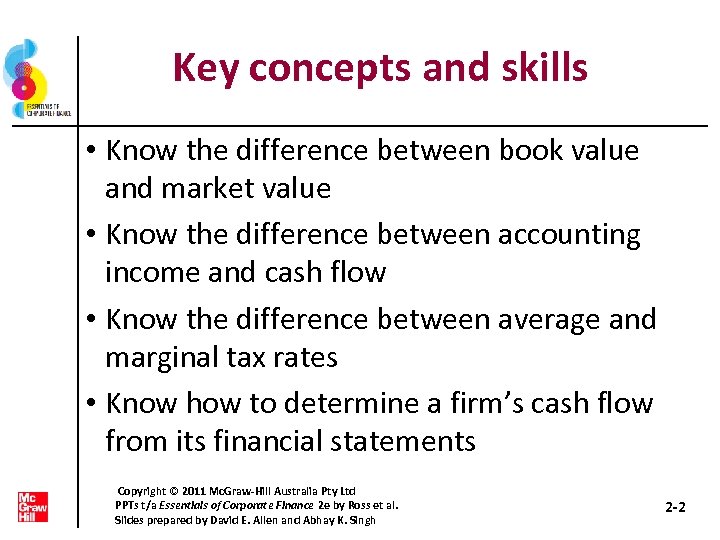 Key concepts and skills • Know the difference between book value and market value