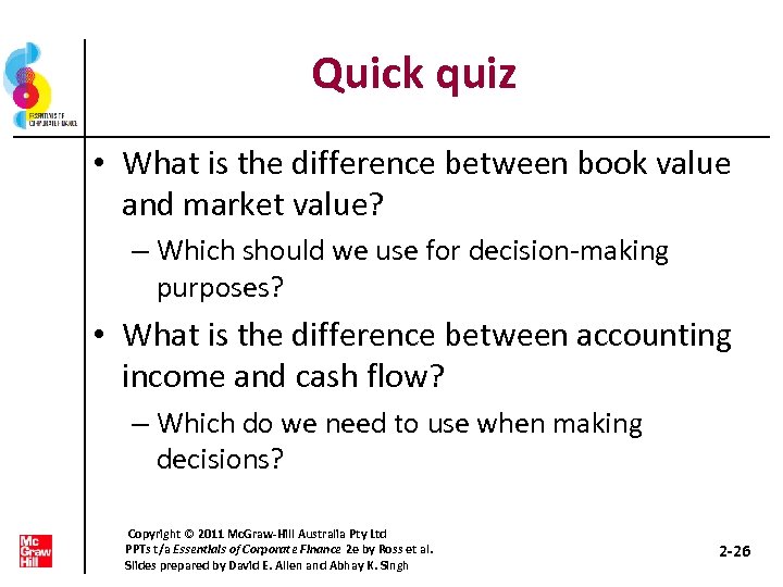 Quick quiz • What is the difference between book value and market value? –