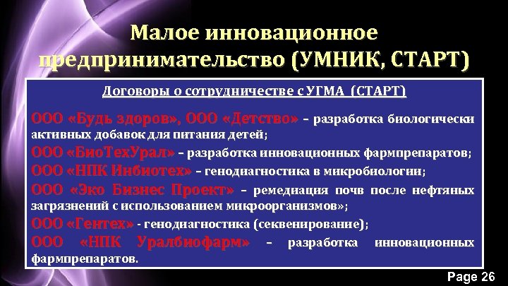 Малое инновационное предпринимательство (УМНИК, СТАРТ) Договоры о сотрудничестве с УГМА (СТАРТ) ООО «Будь здоров»