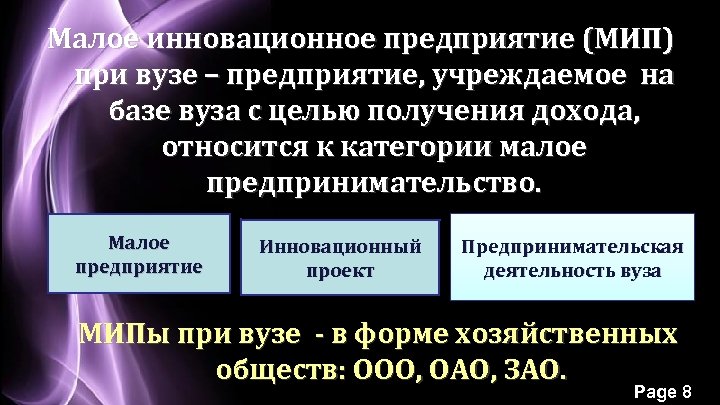 Малое инновационное предприятие (МИП) при вузе – предприятие, учреждаемое на базе вуза с целью