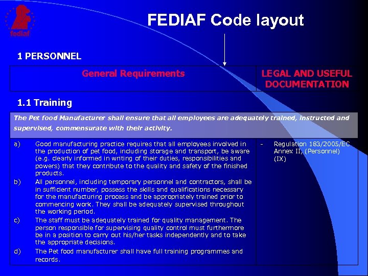FEDIAF Code layout 1 PERSONNEL General Requirements LEGAL AND USEFUL DOCUMENTATION 1. 1 Training