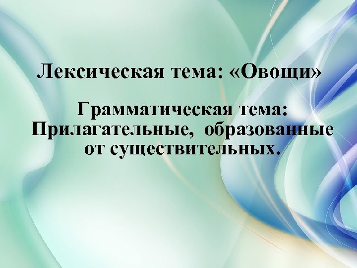Лексическая тема: «Овощи» Грамматическая тема: Прилагательные, образованные от существительных. 