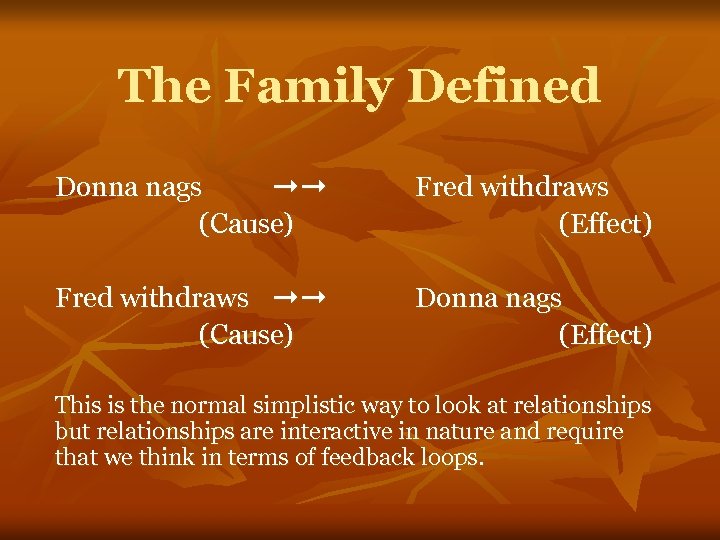 The Family Defined Donna nags ➞➞ (Cause) Fred withdraws (Effect) Fred withdraws ➞➞ (Cause)