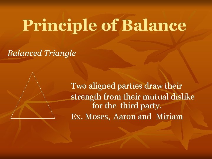 Principle of Balanced Triangle Two aligned parties draw their strength from their mutual dislike