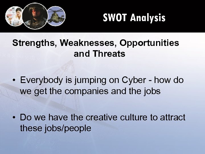 SWOT Analysis Strengths, Weaknesses, Opportunities and Threats • Everybody is jumping on Cyber -