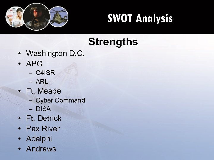 SWOT Analysis Strengths • Washington D. C. • APG – C 4 ISR –