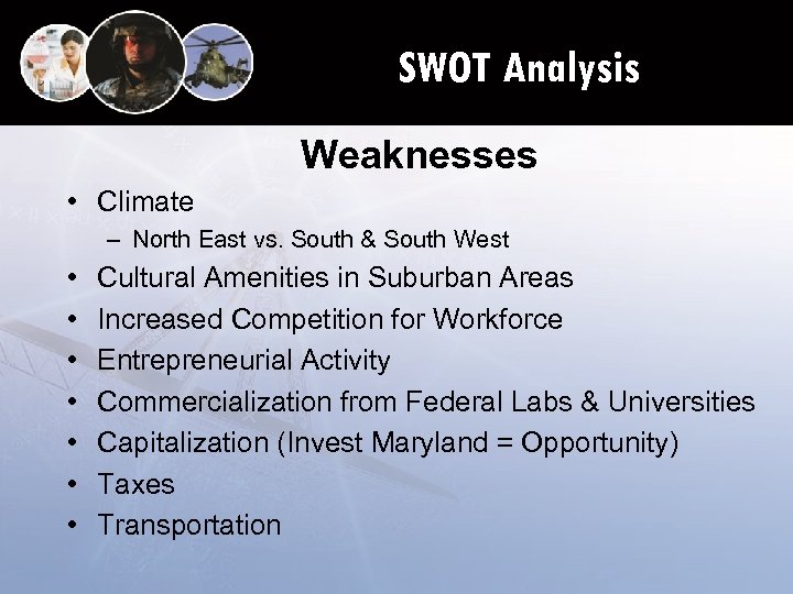 SWOT Analysis Weaknesses • Climate – North East vs. South & South West •