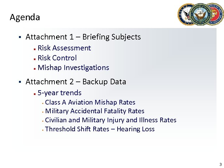 Agenda § Attachment 1 – Briefing Subjects n n n § Risk Assessment Risk