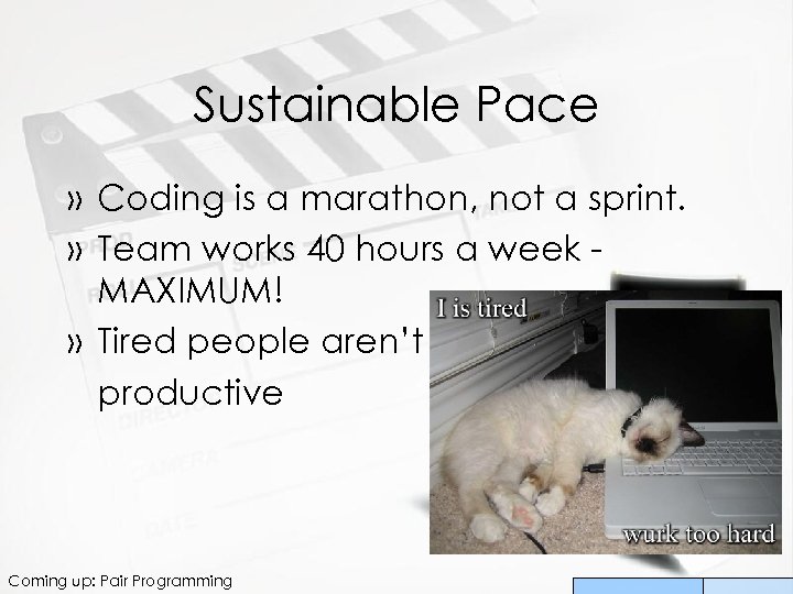Sustainable Pace » Coding is a marathon, not a sprint. » Team works 40