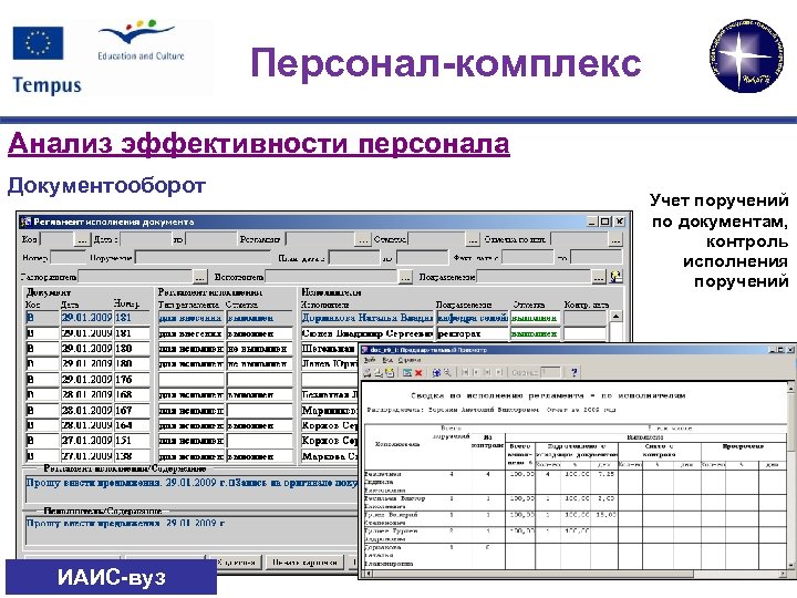 Персонал-комплекс Анализ эффективности персонала Документооборот ИАИС-вуз Учет поручений по документам, контроль исполнения поручений 