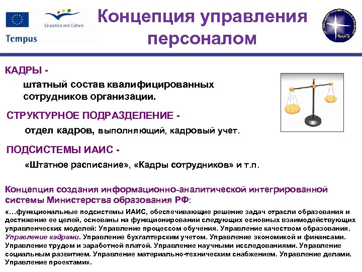 Концепция управления персоналом КАДРЫ штатный состав квалифицированных сотрудников организации. СТРУКТУРНОЕ ПОДРАЗДЕЛЕНИЕ отдел кадров, выполняющий,