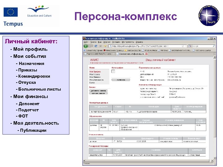 Персона-комплекс Личный кабинет: - Мой профиль - Мои события - Назначения - Приказы -