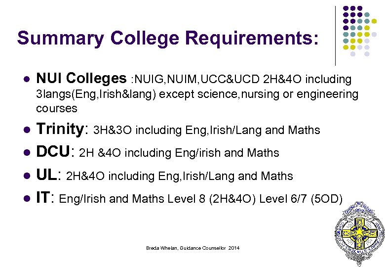 Summary College Requirements: l NUI Colleges : NUIG, NUIM, UCC&UCD 2 H&4 O including