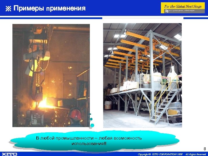 ※ Примеры применения В любой промышленности – любая возможность использования!! 8 Copyright © KITO