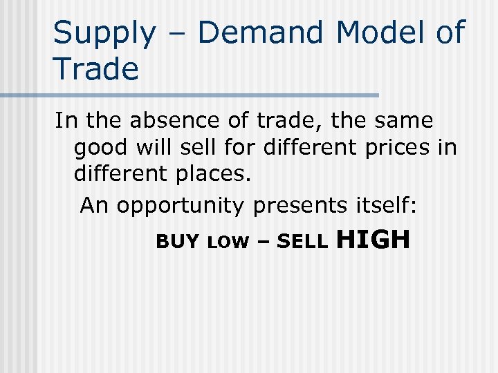 Supply – Demand Model of Trade In the absence of trade, the same good