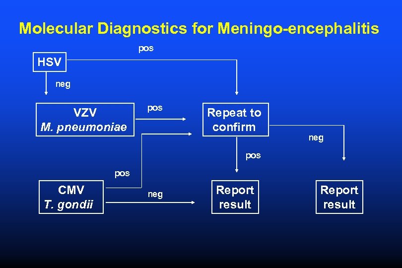 Molecular Diagnostics for Meningo-encephalitis pos HSV neg VZV M. pneumoniae pos Repeat to confirm