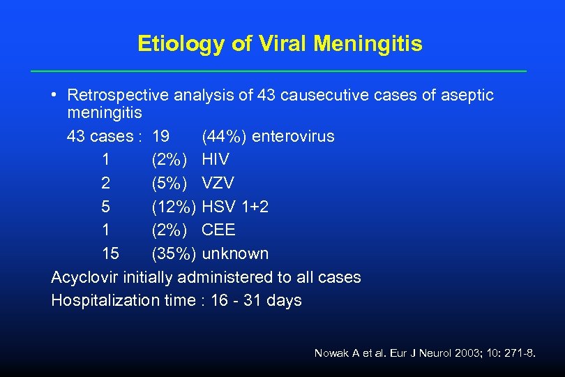 Etiology of Viral Meningitis • Retrospective analysis of 43 causecutive cases of aseptic meningitis