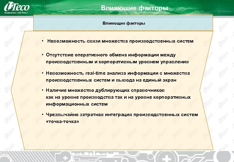 Влияющие факторы • Невозможность связи множества производственных систем • Отсутствие оперативного обмена информации между