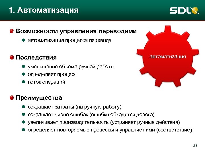 1. Автоматизация Возможности управления переводами l автоматизация процесса перевода Последствия автоматизация l уменьшение объема