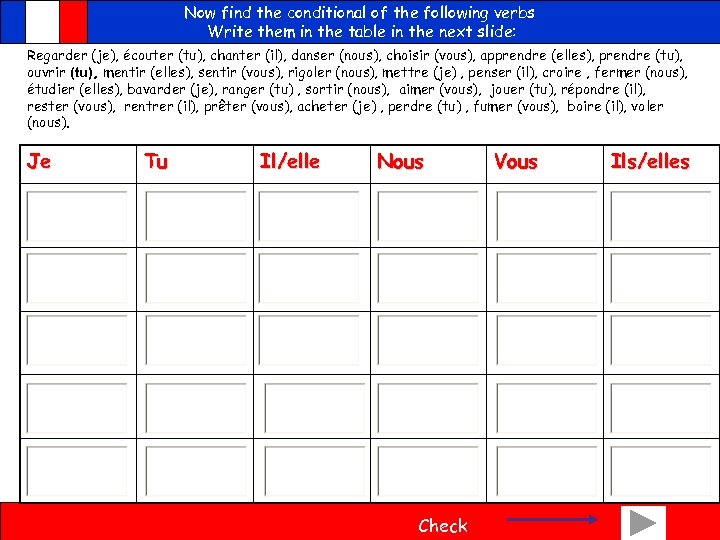 Now find the conditional of the following verbs Write them in the table in