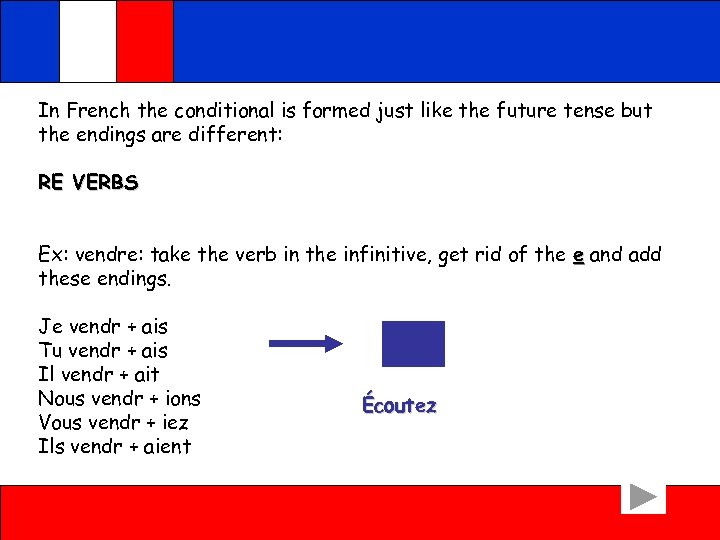 In French the conditional is formed just like the future tense but the endings