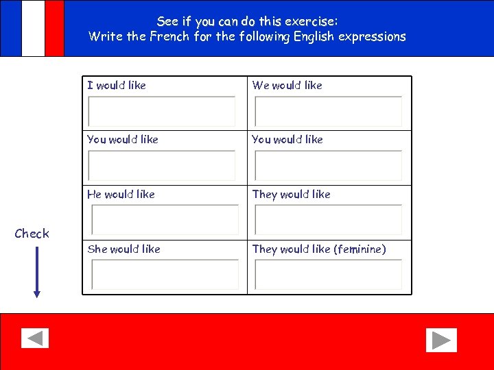 See if you can do this exercise: Write the French for the following English