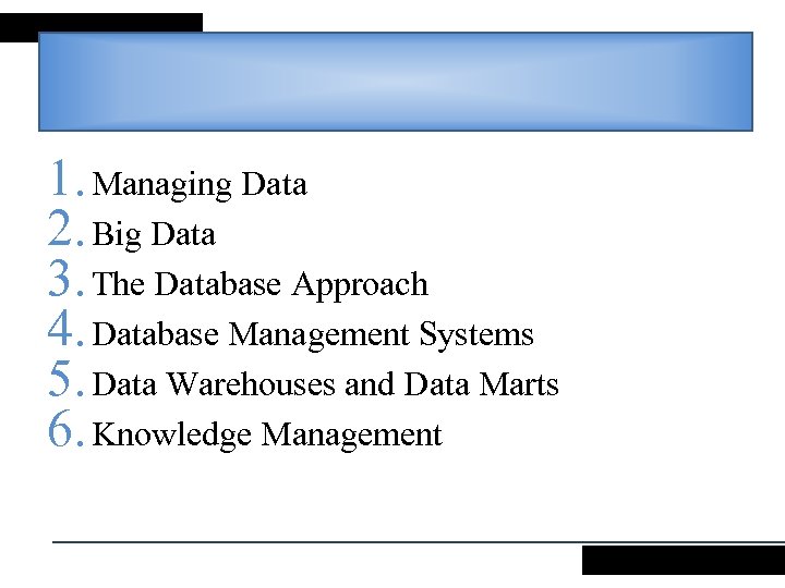 1. Managing Data 2. Big Data 3. The Database Approach 4. Database Management Systems