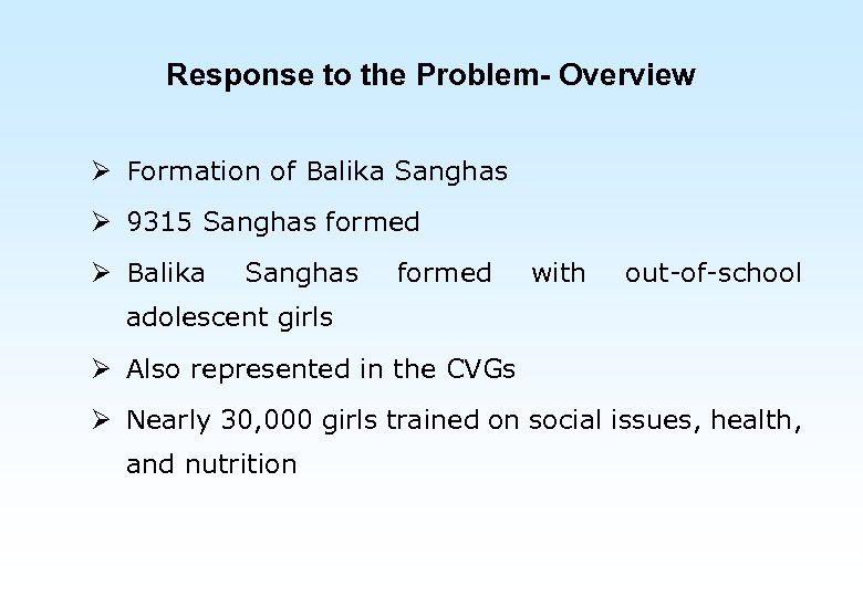Response to the Problem- Overview Ø Formation of Balika Sanghas Ø 9315 Sanghas formed