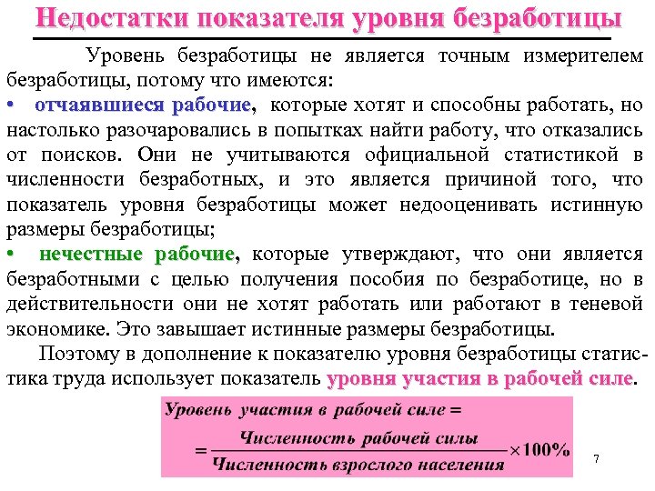 Недостатки показателя уровня безработицы Уровень безработицы не является точным измерителем безработицы, потому что имеются: